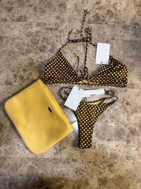 Brown Polka Dot Triangle Bikini Set with Yellow Pouch( L top with XS bottom)